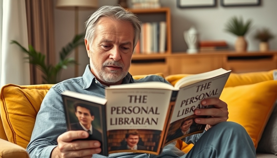 The Personal Librarian book with a mature man reading in a cozy room.
