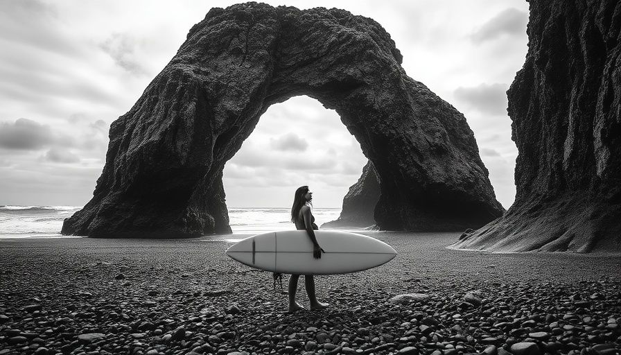 Woman's surfing Morocco: Surfer under rock arch on pebbled beach.