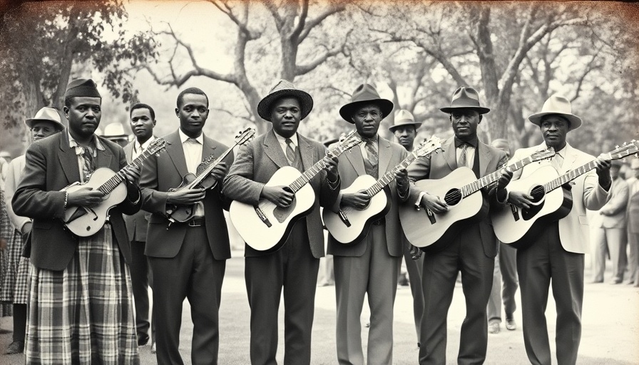 Historical Juneteenth musicians with instruments and American flag.