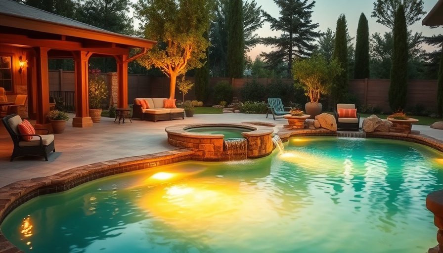 Beautiful pool landscaping with serene night lighting.