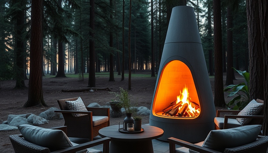 Modern outdoor fireplace in a forest setting with cozy seating.
