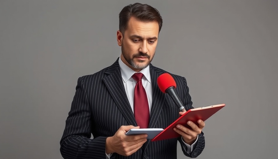 Journalist holding microphones and notepad reporting news.
