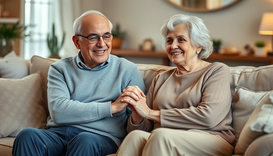 Social support for caregivers: Older couple holding hands on a sofa.