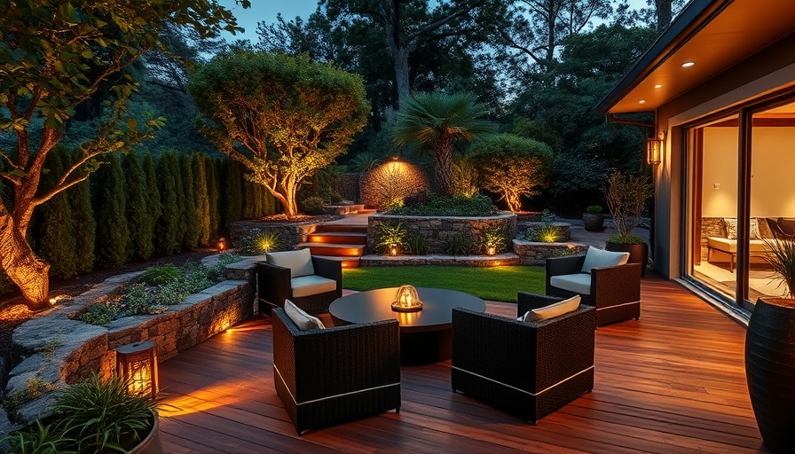 Modern backyard hardscaping design with ambient lighting and greenery.