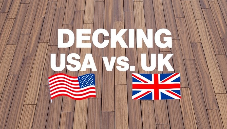 Decking Comparison UK vs USA with flags and wooden background.