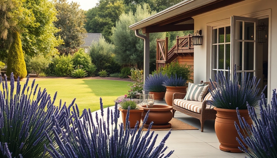 Patio with lavender plants in pots repelling mosquitoes, outdoor serenity.