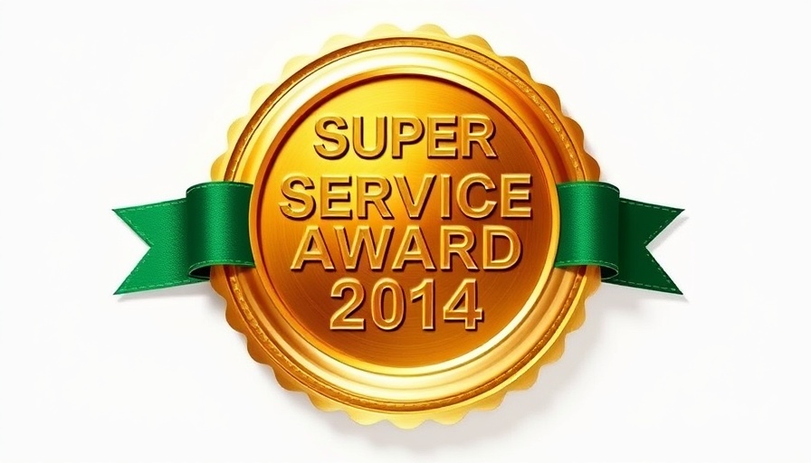 Gold Super Service Award badge 2014 with a green ribbon.