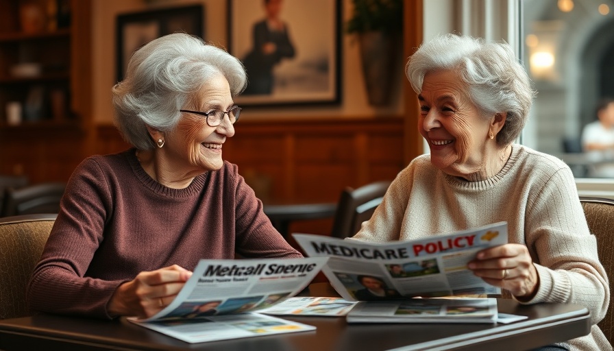 Two elderly women discussing Medigap policies warmly over coffee.