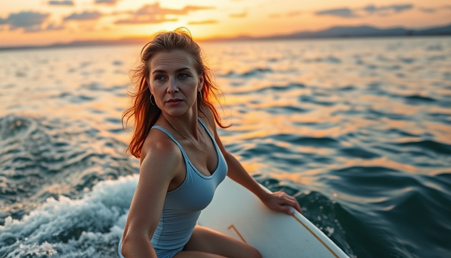 Mature woman surfing at sunrise embodying Surfing as the Elixir of Youth.