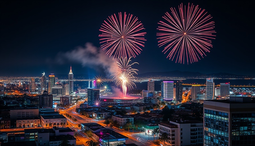 A panoramic view of Orange County fireworks at night, ideal for finding restaurants with a view.