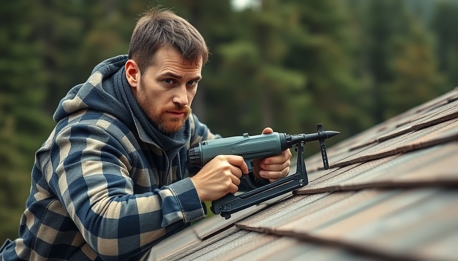 Roofer working on a residential roof amidst trees, emphasizing Roofing on Commercial vs. Residential Buildings.