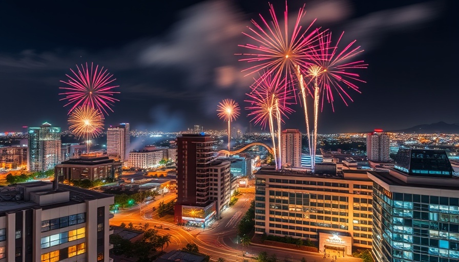 Fireworks over Orange County cityscape, vibrant night scene.