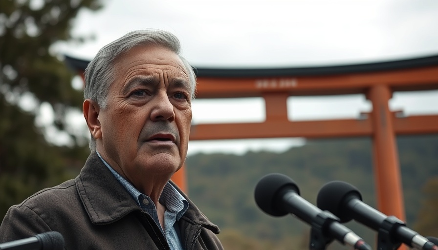 Man addresses ICE presence on Terminal Island at torii gate.