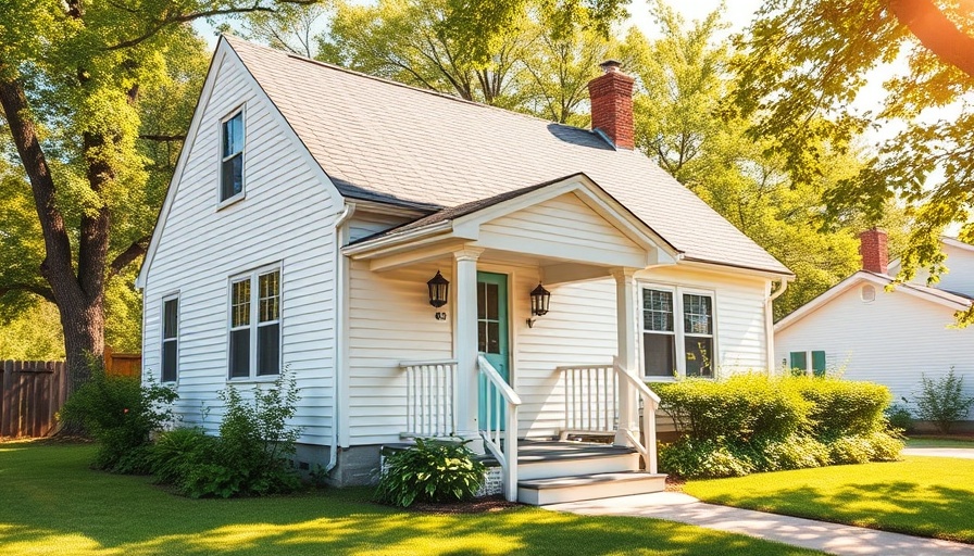 Charming white house with vinyl siding, sunny day greenery.