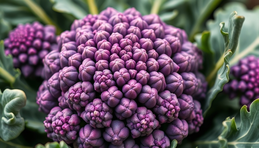 Close-up of purple sprouting broccoli in a garden.