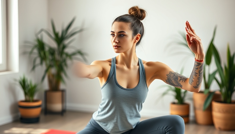 Young woman practicing hip mobility yoga flow indoors.
