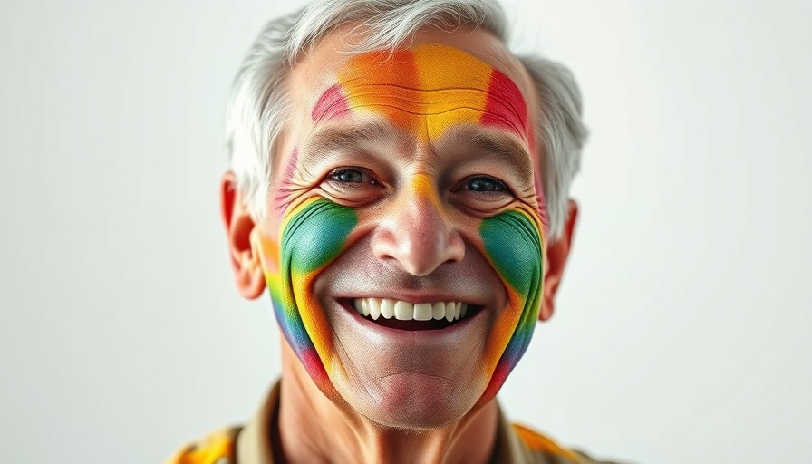 Smiling older man with rainbow face paint promoting LGBTQ+ aging healthcare.