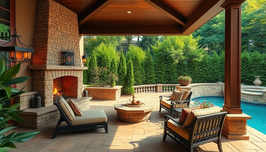 Luxurious patio with stone fireplace and pool, outdoor living space design.