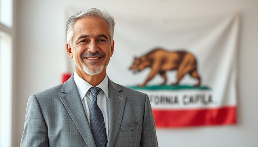 Jordan Kirby, California Assembly candidate, smiling in front of state flag.