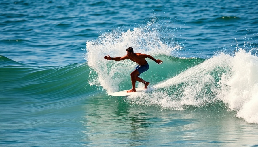 Surfer riding a wave with text about surf camps.