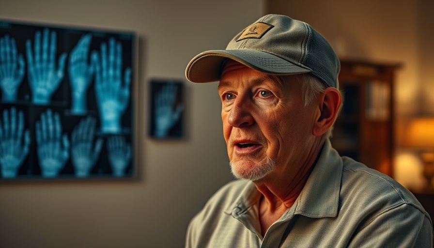 Older man discusses hand X-rays in a casual indoor setting.