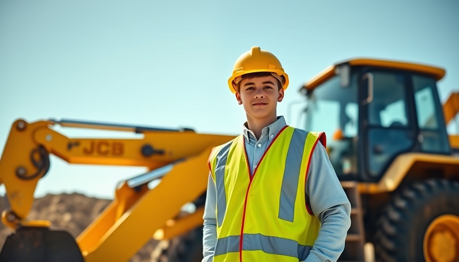 Youngest qualified digger driver UK stands by a yellow digger on a sunny day.
