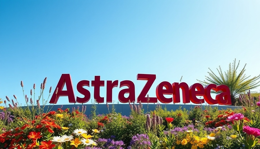 AstraZeneca sign in a garden, showing company location.