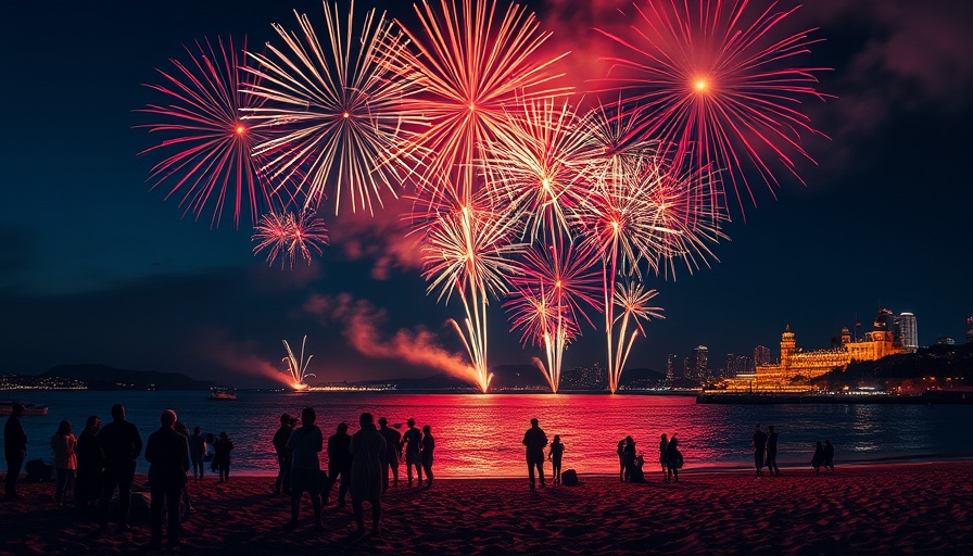 Spectacular fireworks show over Alamitos Bay, vibrant colors and crowd.