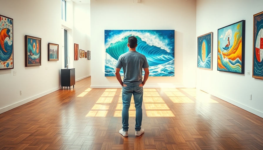 Man viewing surf art at Huntington Beach Surf Museum Move exhibition