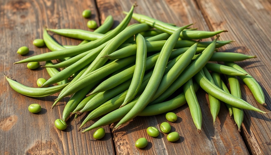 Fresh rattlesnake pole beans on rustic wooden table.