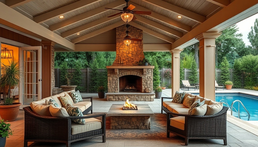 Elegant covered patio design with seating and fireplace beside pool