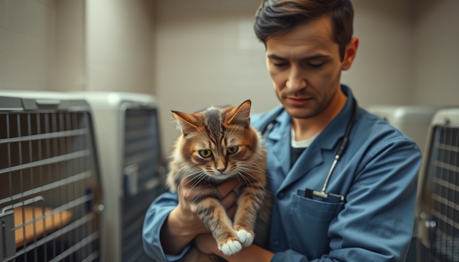 Rescue worker with Persian cat at Long Beach adoption center.