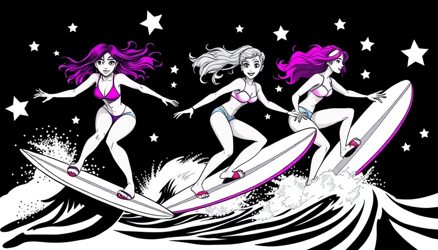 Dynamic cartoon of empowered female surfers with vibrant colors.