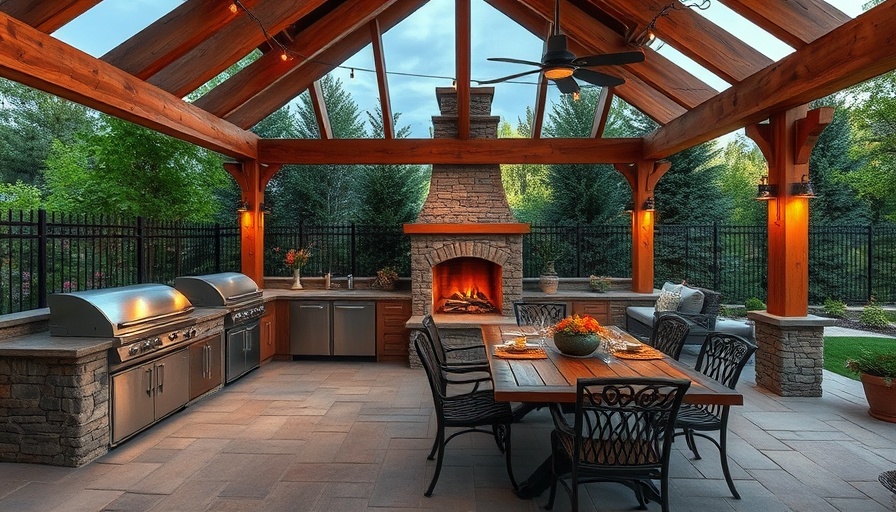 Luxurious outdoor kitchen grill area with fireplace under pergola.
