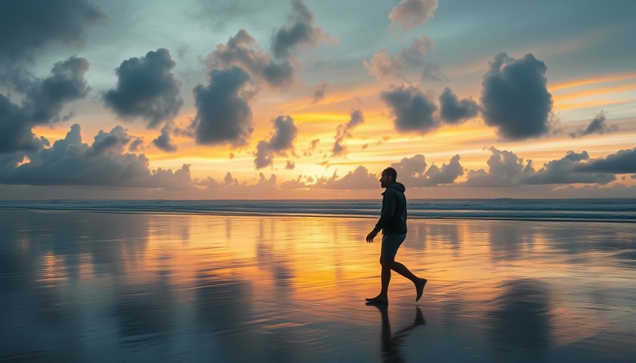 Serene beach walk at sunset highlighting rip current safety.