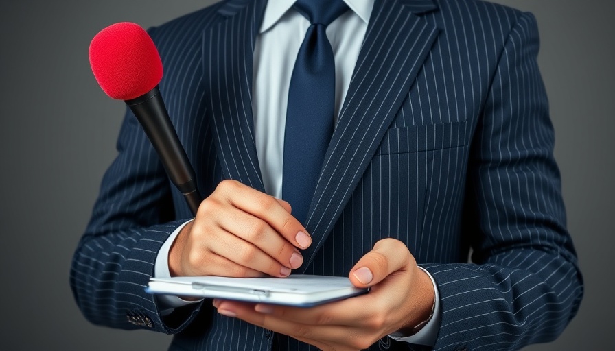 Journalist with microphone and notepad reporting latest medical news.