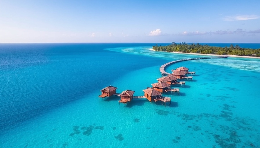 Expensive surf resort with luxury overwater bungalows and blue ocean.