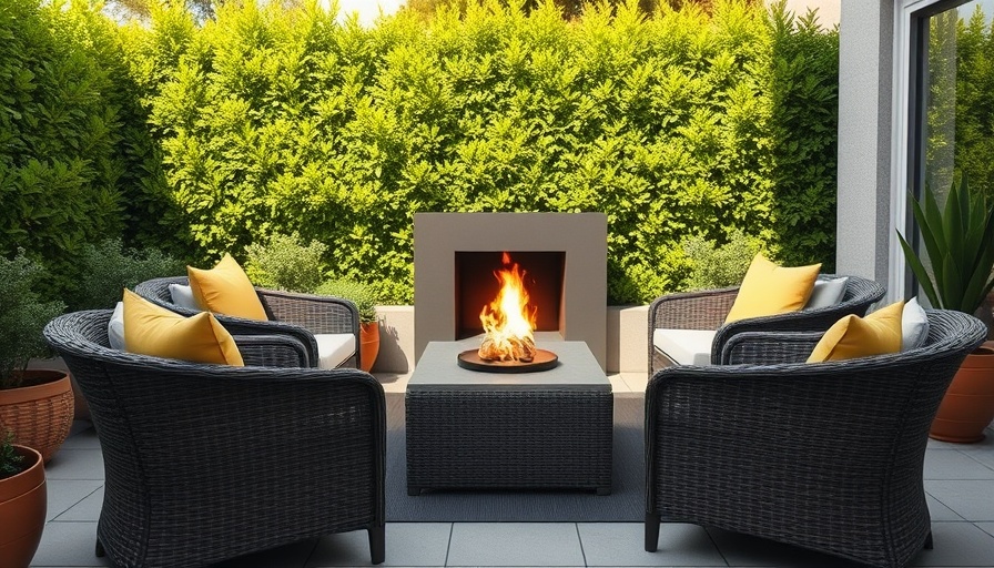 Chic small patio outdoor space ideas with wicker furniture and fireplace