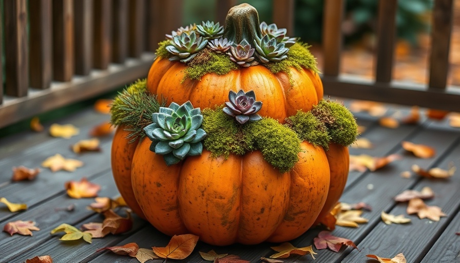 Three-tier pumpkin planter with moss and succulents on a wooden deck.