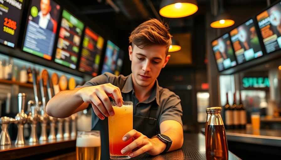 Bartender mixing cocktail at Beachwood Brewing anniversary celebration.