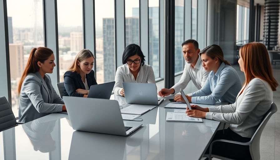 Professionals discussing HR compliance in a modern office setting.