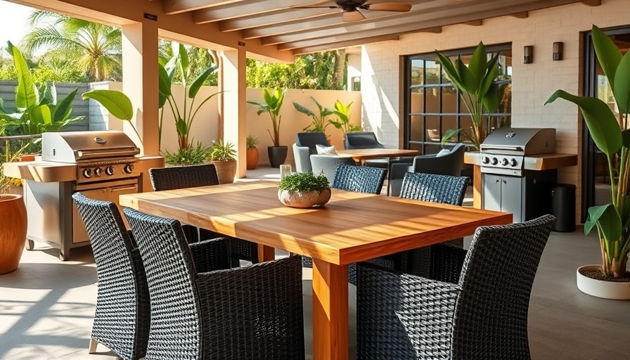 Modern outdoor living dining space with tropical plants and seating.