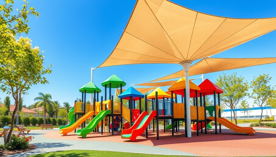 Modern playground at MacArthur Park reopening, vibrant colors.