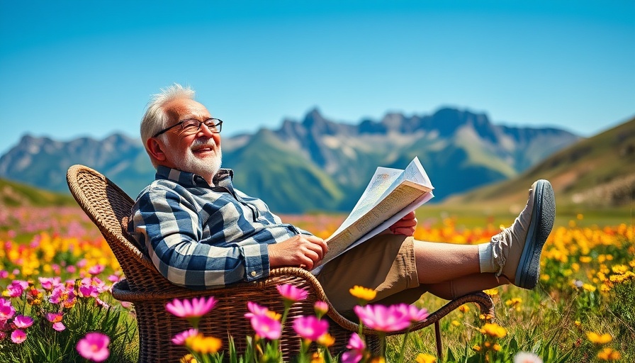 Broadening perspectives through travel, elderly man relaxing in scenic mountain meadow.