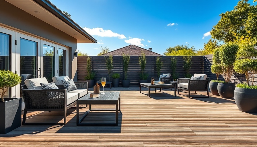 Luxury composite decking with elegant furniture in a sunny garden.