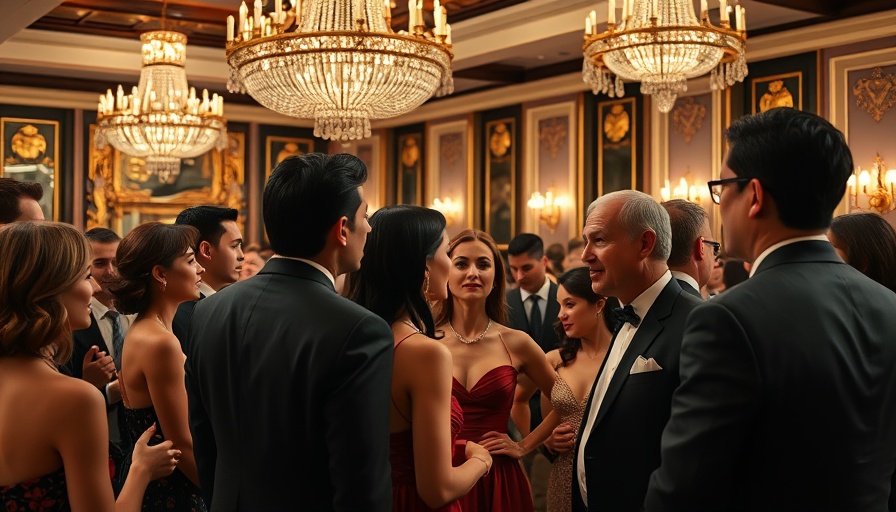 Passionate discussion at a formal gathering in a grand ballroom.