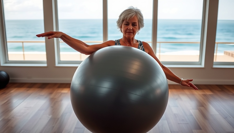 Energetic older woman exercising with fitness ball in ocean-view studio, Blueprint for Longevity
