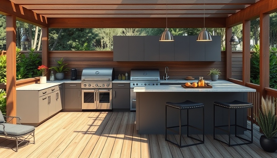 Modern deck outdoor kitchen design ideas with sleek cabinets and grill.