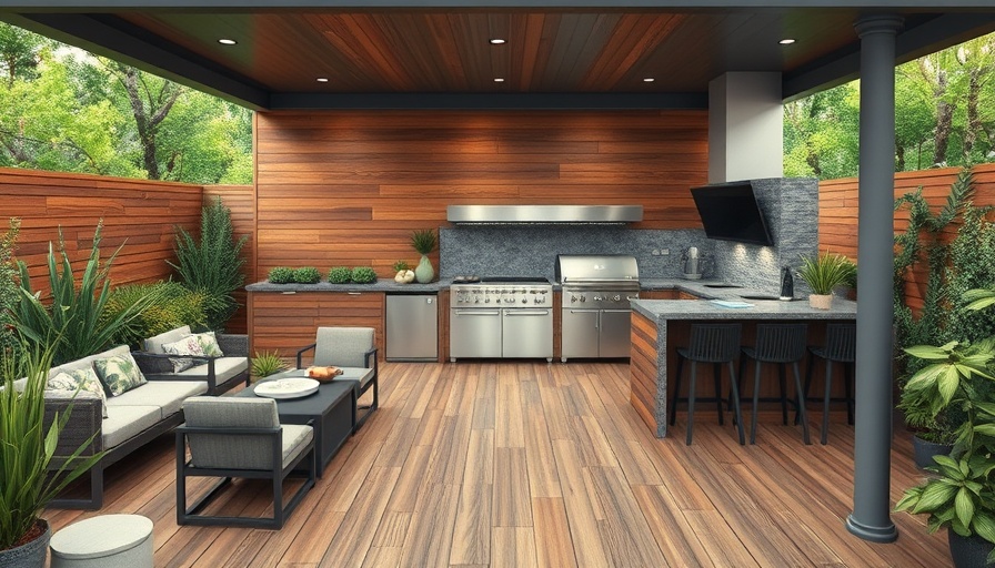 Stylish deck outdoor kitchen design with modern furnishings.
