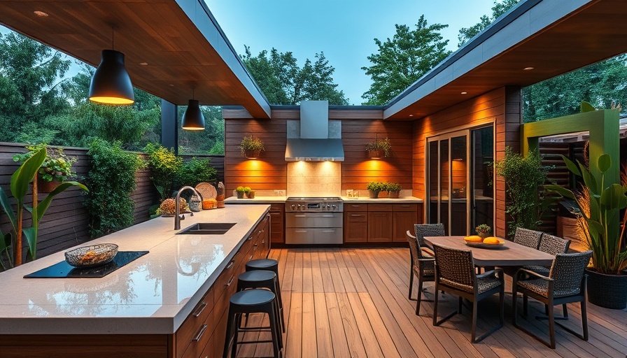 Modern outdoor kitchen design on a deck with sleek furniture and plant decor.